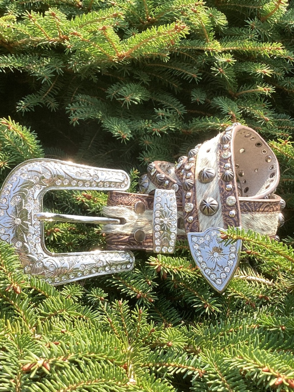 Genuine Leather Hair On Hide Glitzy Bling Engraved Silver Concho Belt🦋